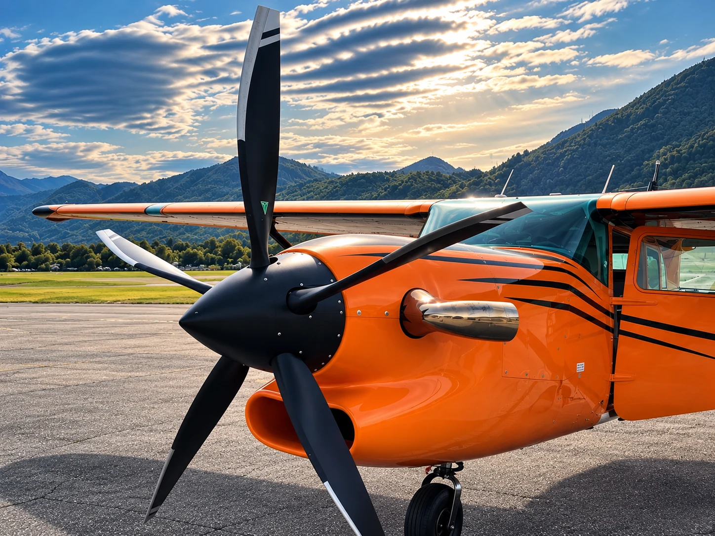 Cessna 206 PT6 di Skydive Sunrise, dettaglio frontale con elica a cinque pale