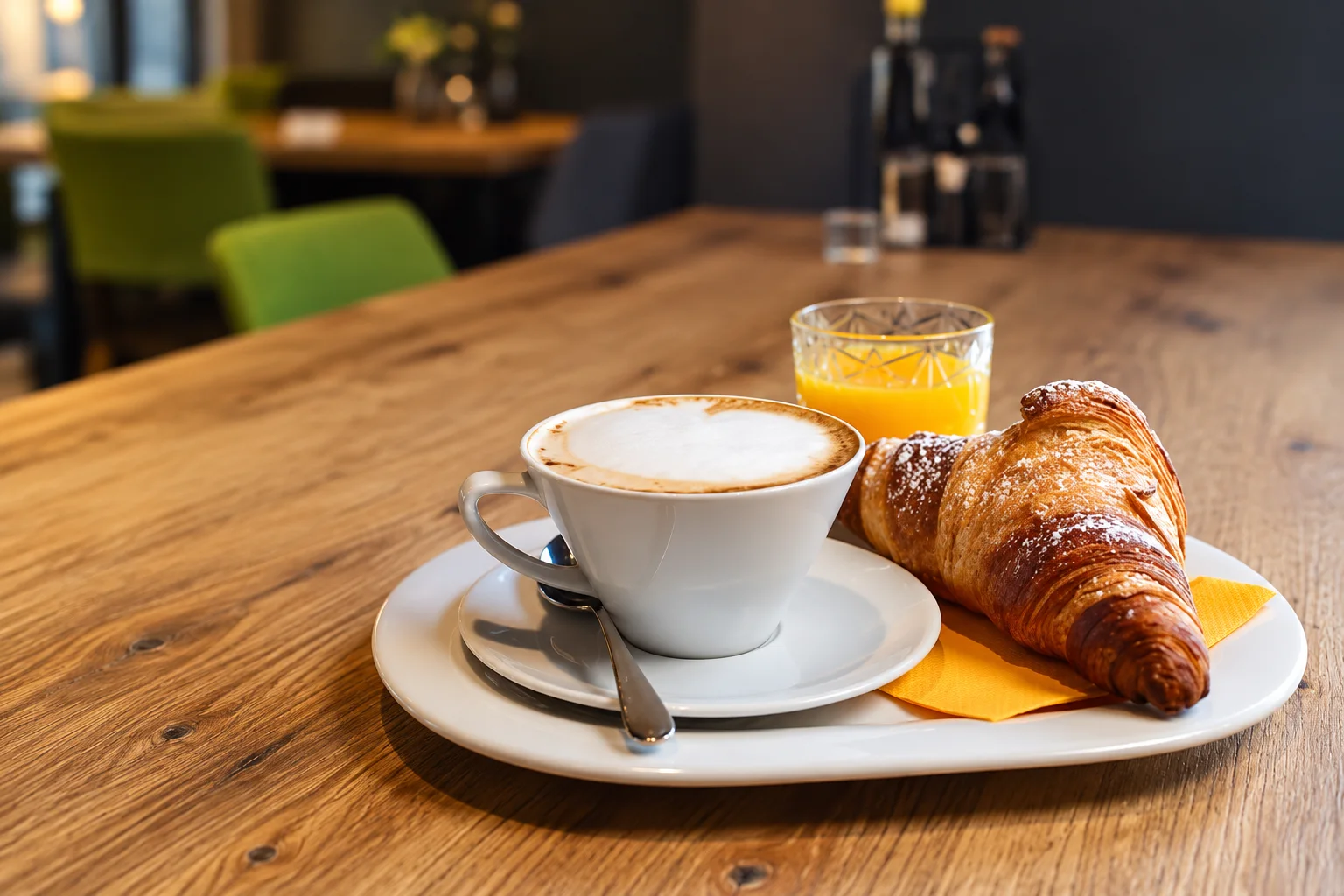 Colazione con cappuccino, cornetto e succo d'arancia su un tavolo di legno