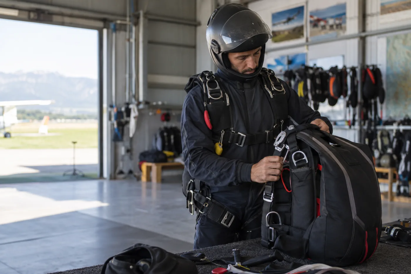 Istruttore tandem controlla imbracatura e sistema di paracadute prima del lancio